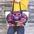 Cute purple owl sitting on top of books surrounded leather tote bag