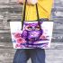 Cute purple owl sitting on top of books surrounded by pink roses leather tote bag