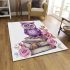 Cute purple owl sitting on top of books surrounded by pink roses area rugs carpet