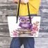 Cute purple owl sitting on top of books surrounded by pink roses leather tote bag