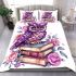 Cute purple owl sitting on top of books surrounded by pink roses bedding set