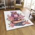 Cute purple owl sitting on top of books surrounded by pink roses area rugs carpet