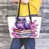 Cute purple owl sitting on top of books surrounded leather tote bag