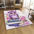 Cute purple owl sitting on top of books with pink roses area rugs carpet