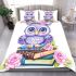 Cute purple owl sitting on top of books with pink roses bedding set