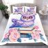 Cute purple owl sitting on top of books with pink roses bedding set