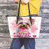 Cute valentine yorkie dog with pink leather tote bag