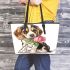 Cute valentine's day beagle puppy holding a pink rose leather tote bag