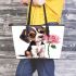 Cute valentine's day beagle puppy holding a pink rose leather tote bag