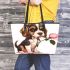 Cute valentine's day beagle puppy holding a pink rose leather tote bag