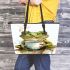 Cute watercolor green frog drinking coffee leaather tote bag