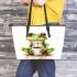 Cute watercolor green frog drinking coffee leaather tote bag