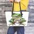 Cute watercolor green frog drinking coffee leaather tote bag