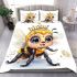 Cute whimsical happy smiling baby bee wearing a beautiful bedding set