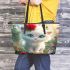 Cute white baby cat blue eyes leather tote bag