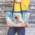 Cute white puppy running in a flower sea leather tote bag