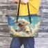 Cute white puppy running in a flower sea leather tote bag