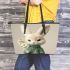 Cute white rabbit holding daisies leather tote bag