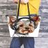 Cute yorkshire terrier dog wearing headphones leather tote bag