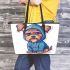 Cute yorkshire terrier in hoodie leather tote bag