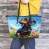 Dachshund in the garden with colorful tulips and butterflies leather tote bag