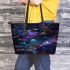 Dragonflies with glowing wings leather tote bag