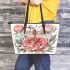 Dragonfly surrounded with peonies leather tote bag