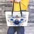 Dragonfly with blue flowers leather tote bag