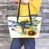 Dragonfly with blue wings and black eyes leather tote bag