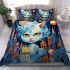 Dreamy cityscape with striped cat bedding set