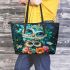 Fantasy cute baby owl with big blue eyes leather tote bag