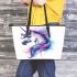 Fantasy unicorn with purple and blue mane leather tote bag