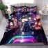 Fluffy cat exploring retro arcade room bedding set