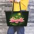 Frog jumping on a pink lotus flower leaather tote bag