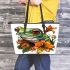 Frog with lily flower on its back leaather tote bag