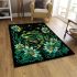 Glowing green frog sits on the ground surrounded area rugs carpet