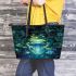 Glowing green frog sits on the water's surface leaather tote bag