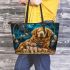 Golden retriever dog and baby dogs with dream catcher leather tote bag