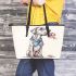 Great dane with a blue bandana sitting holding pink flowers leather tote bag