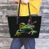 Green frog doing the peace sign in vibrant colors leaather tote bag