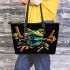 Green frog doing the peace sign in vibrant colors leaather tote bag