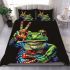 Green frog doing the peace sign in vibrant colors bedding set