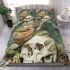 Green frog playing the banjo on top of human skull bedding set