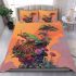 Green frog sitting on top of an island with trees and flowers bedding set