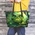 Green owl cartoon leather tote bag