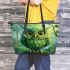 Green owl cartoon leather tote bag