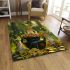 Green tree frog sits on top of a black pot with gold coins area rugs carpet