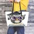 Grey owl with big eyes wearing glasses leather tote bag