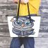 Grey owl with big eyes wearing glasses and graduation hat holding leather tote bag