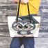 Grey owl with big eyes wearing glasses and graduation hat holding leather tote bag